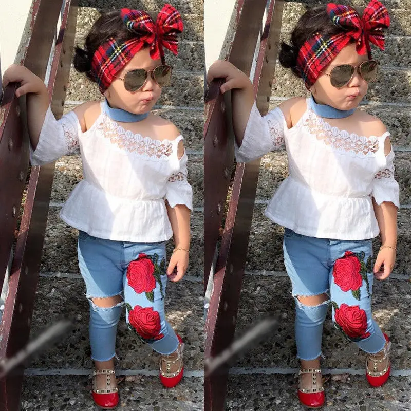 Toddler Kids Baby Girl Off shoulder Lace T-shirt Tops+Rose Flower Ripped Hole Jeans Denim Pant 2PCS Fashion Clothing Set
Toddler Kids Baby Girl Off shoulder Lace T-shirt Tops+Rose Flower Ripped Hole Jeans Denim Pant 2PCS Fashion Clothing Set