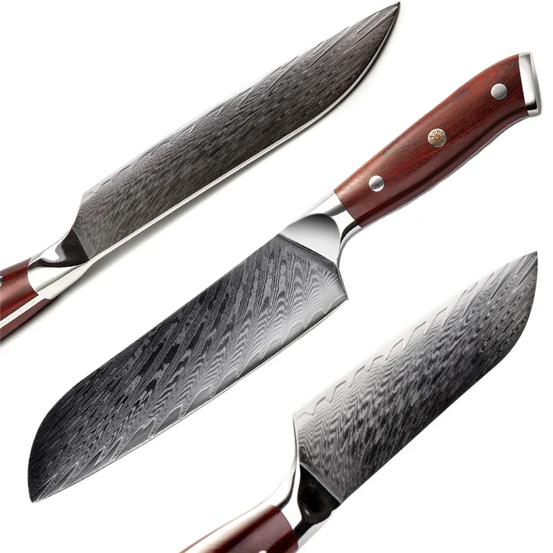New 7 Inch Santoku Japanese Knife 67 Layers VG10 Damascus Steel Slicing Cleaver Barbecue Kitchen Knife Rose Wood Handle Gift Box
New 7 Inch Santoku Japanese Knife 67 Layers VG10 Damascus Steel Slicing Cleaver Barbecue Kitchen Knife Rose Wood Handle Gift Box