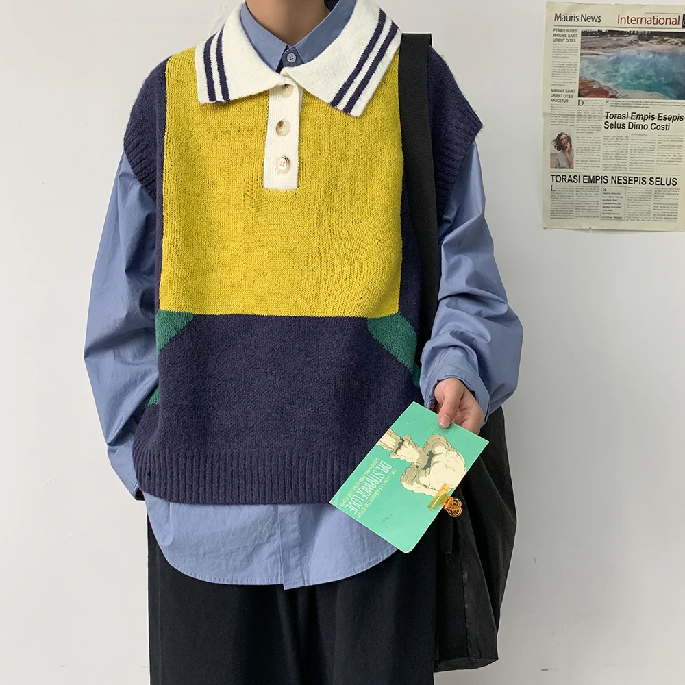 Sweater Vest Men's Fashion Contrast Color Casual Lapel Knit Pullover Mens Streetwear Loose Sweater Vest Men Sweter Clothes M-2XL
Sweater Vest Men's Fashion Contrast Color Casual Lapel Knit Pullover Mens Streetwear Loose Sweater Vest Men Sweter Clothes M-2XL