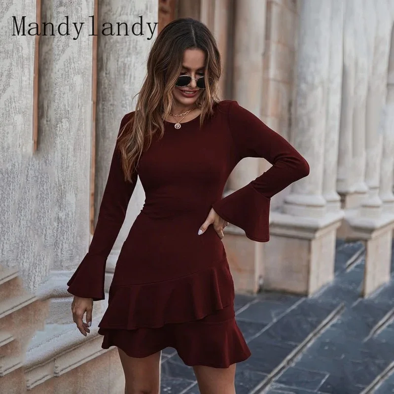 Mandylandy Dress Autumn Fashion O-Neck Flared Sleeves High Waist Slim Dress Women's Casual Solid Color Ruffles Stitching Dress
Mandylandy Dress Autumn Fashion O-Neck Flared Sleeves High Waist Slim Dress Women's Casual Solid Color Ruffles Stitching Dress