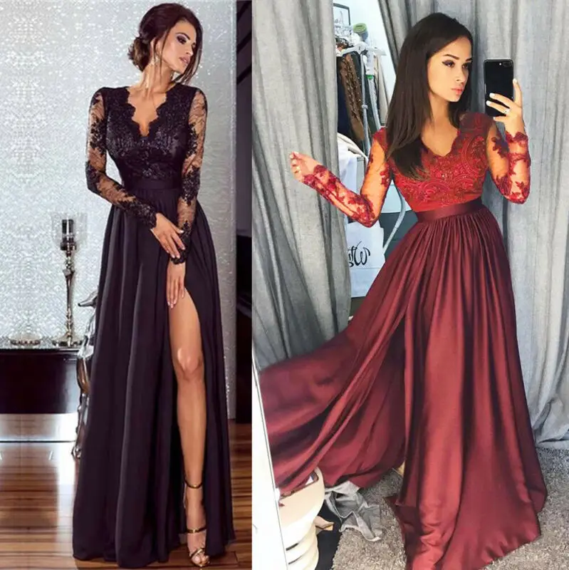 Hot Sale Women Evening Party Ball Prom Formal Long Dress Elegant Ladies Sexy V-neck Lace Floral Sleeve Bodycon Dresses Clothes | Женская