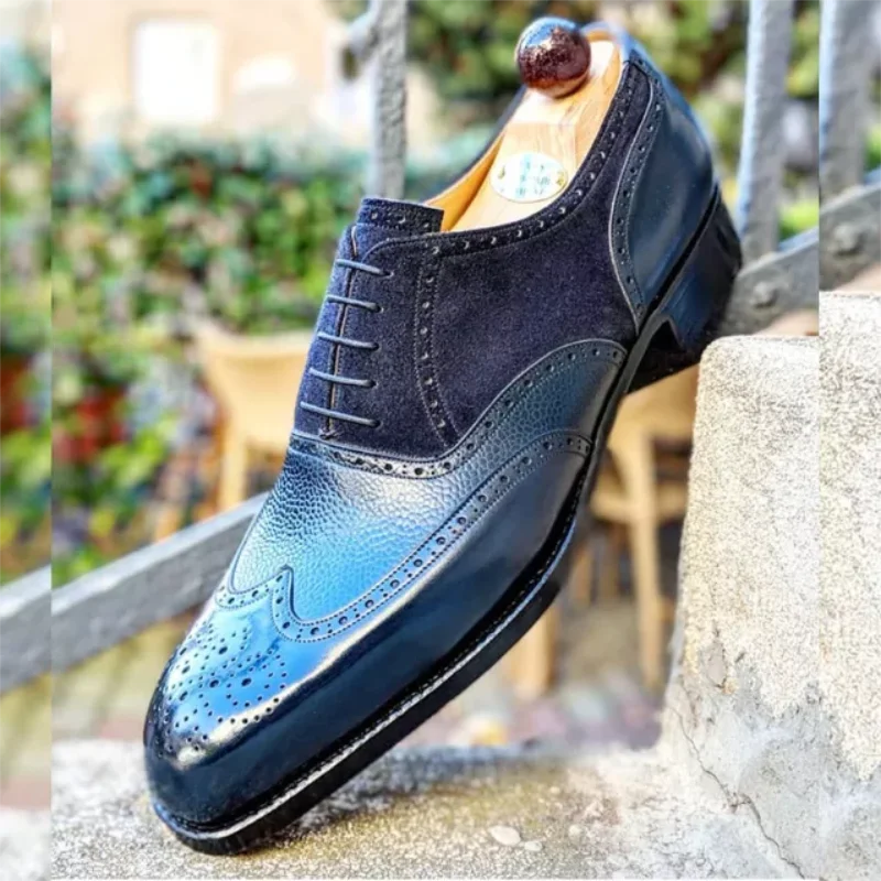 Men's Blue PU Stitching Flannel Hollow Pointed Low-heel Lace-up Fashion Trend All-match Business Casual Brogue Shoes YX032
Men's Blue PU Stitching Flannel Hollow Pointed Low-heel Lace-up Fashion Trend All-match Business Casual Brogue Shoes YX032