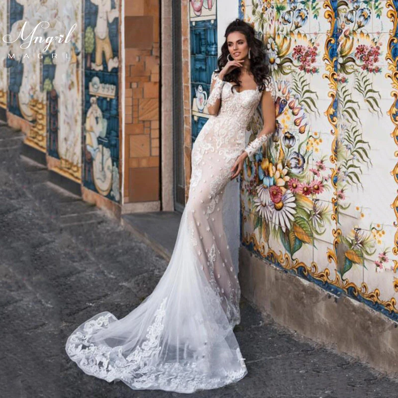 MNGRL Simple Retro V-neck Long Sleeve Mermaid White 3d Flower Wedding Gown Backless Wedding Dress Lace Bridal Dresses
MNGRL Simple Retro V-neck Long Sleeve Mermaid White 3d Flower Wedding Gown Backless Wedding Dress Lace Bridal Dresses