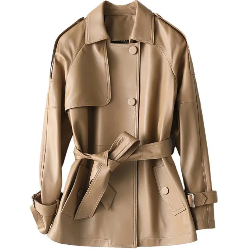 Women's Short Leather Jacket Khaki Color 100% Real Sheepskin Jackets Lapel With Belt At The Waist and On Sleeves
Women's Short Leather Jacket Khaki Color 100% Real Sheepskin Jackets Lapel With Belt At The Waist and On Sleeves