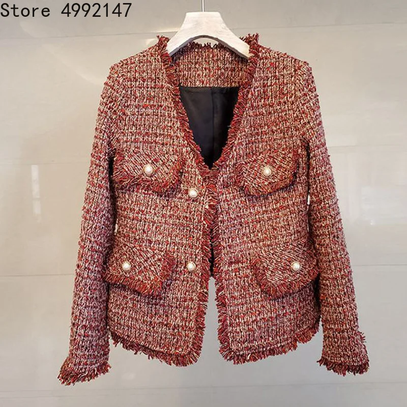 2020 Autumn winter women elegant tassel v-neck tweed coats female OL formal work wine red slim short weave jackets Y722
2020 Autumn winter women elegant tassel v-neck tweed coats female OL formal work wine red slim short weave jackets Y722