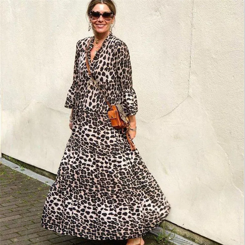 Ladies Flare Sleeve Dress Summer Leopard Print V-neck Long Skirt Women Boho Style Temperament Dress for Shopping Travel Dating 
Ladies Flare Sleeve Dress Summer Leopard Print V-neck Long Skirt Women Boho Style Temperament Dress for Shopping Travel Dating