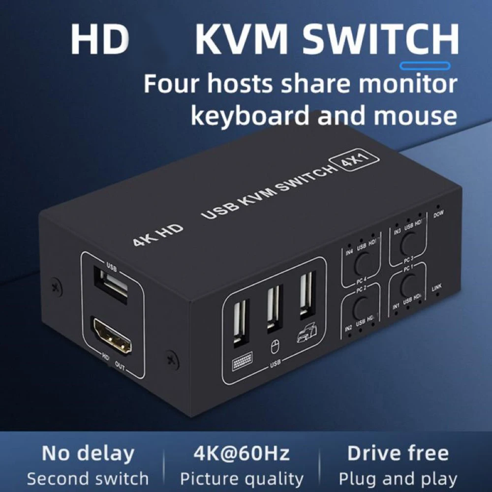 4K USB KVM Switch Box 4 Ports 4K HDMI-Compatible USB KVM Switch Support PC Printer Wireless Keyboard Mouse
4K USB KVM Switch Box 4 Ports 4K HDMI-Compatible USB KVM Switch Support PC Printer Wireless Keyboard Mouse