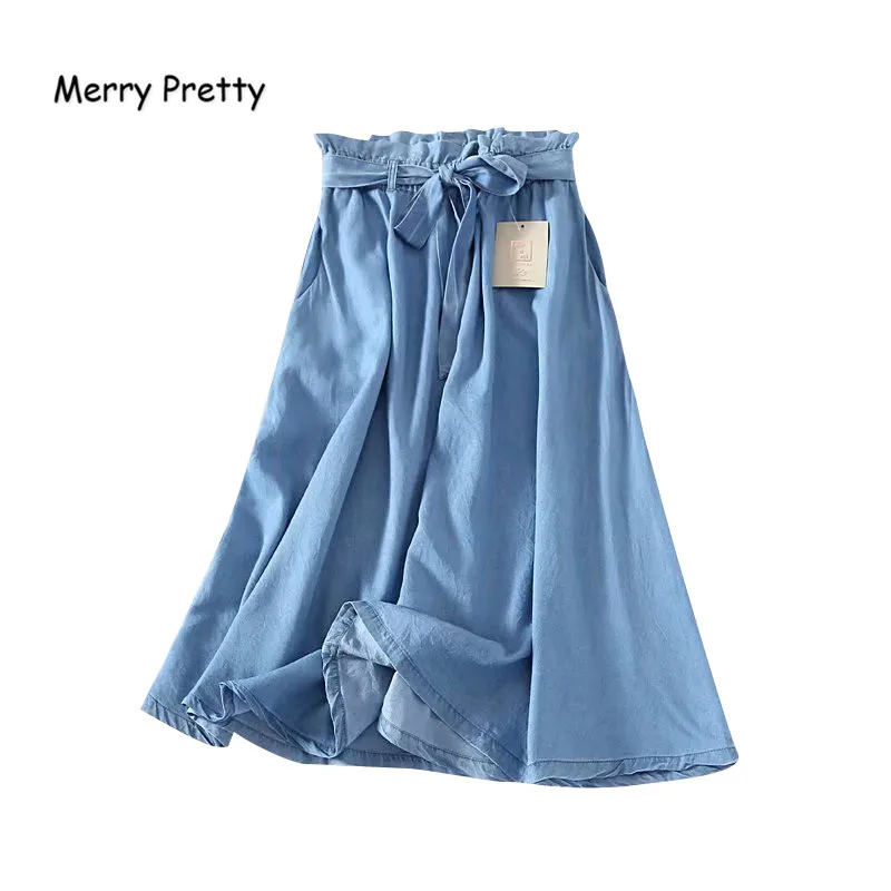 Merry Pretty Summer Women Tencel Blue Skirt Casual Ruffle Waist Waistband Bowknot Thin Jeans Skirts Denim A-line Long Saias S-XL
Merry Pretty Summer Women Tencel Blue Skirt Casual Ruffle Waist Waistband Bowknot Thin Jeans Skirts Denim A-line Long Saias S-XL