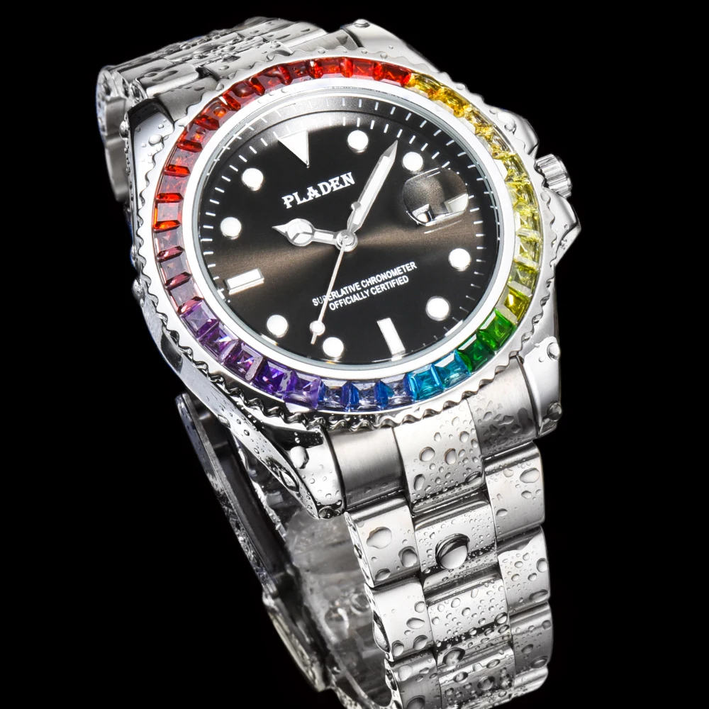 

PLADEN Rainbow Diamond Platinum Watch Men Luxury AAA waterproof Business high-end watches gentleman classic Rolexable Submariner