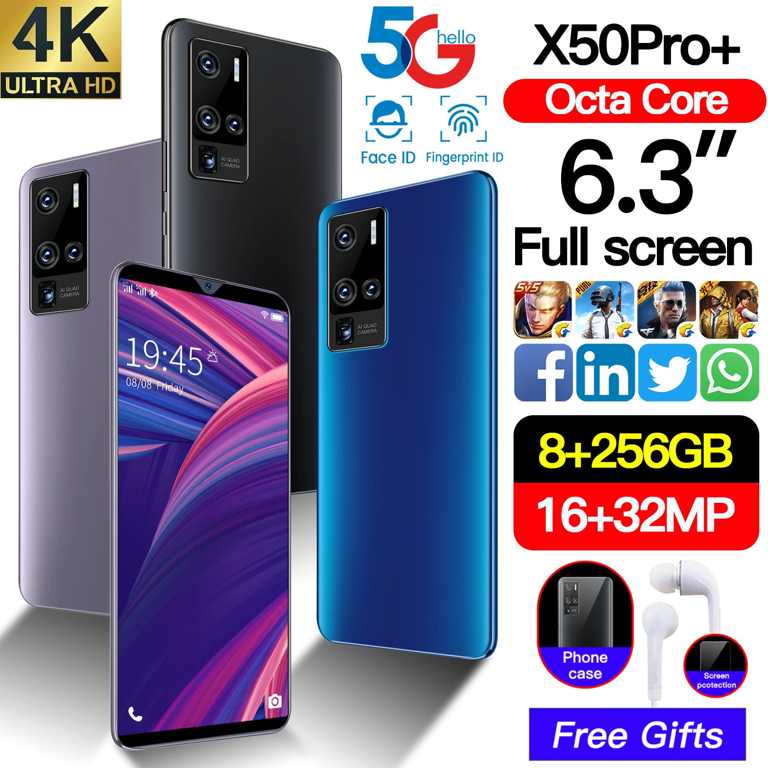X50Pro+ Smartphone 5G 6.3Inch Screen 4800mAh memory 8GB+256GB Android 10 Dual SIM Card mobile phone Face Unlock Camera 16MP+32MP
X50Pro+ Smartphone 5G 6.3Inch Screen 4800mAh memory 8GB+256GB Android 10 Dual SIM Card mobile phone Face Unlock Camera 16MP+32MP
