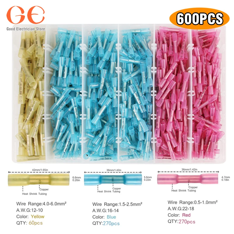 600pcs Assorted Heat Shrink Butt Splice Crimp Connectors Insulated Waterproof Copper PE AWG 22-10 Terminals Kit With Plastic Box
600pcs Assorted Heat Shrink Butt Splice Crimp Connectors Insulated Waterproof Copper PE AWG 22-10 Terminals Kit With Plastic Box