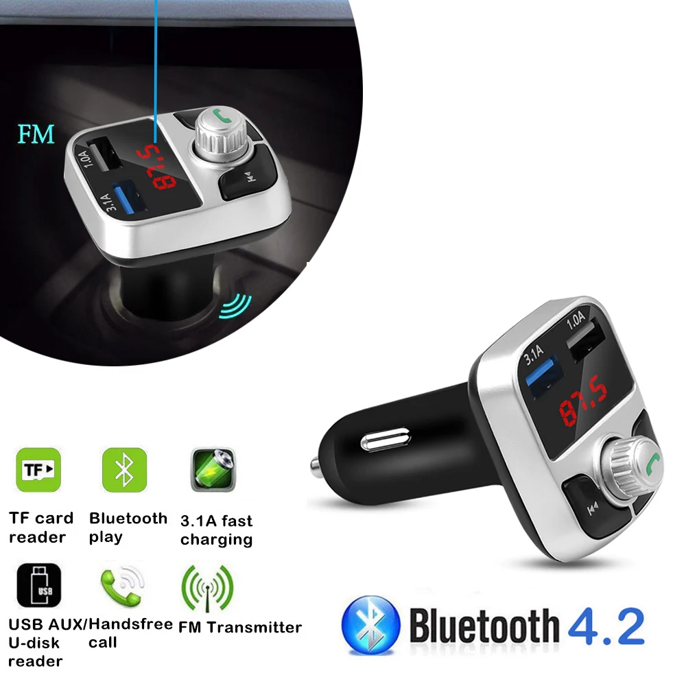 

Bluetooth 4.2 MP3 Player Handsfree Car Kit FM Transmitter support TF Card U disk QC2.0 3.1A Fast Dual USB Charger Power Adapter