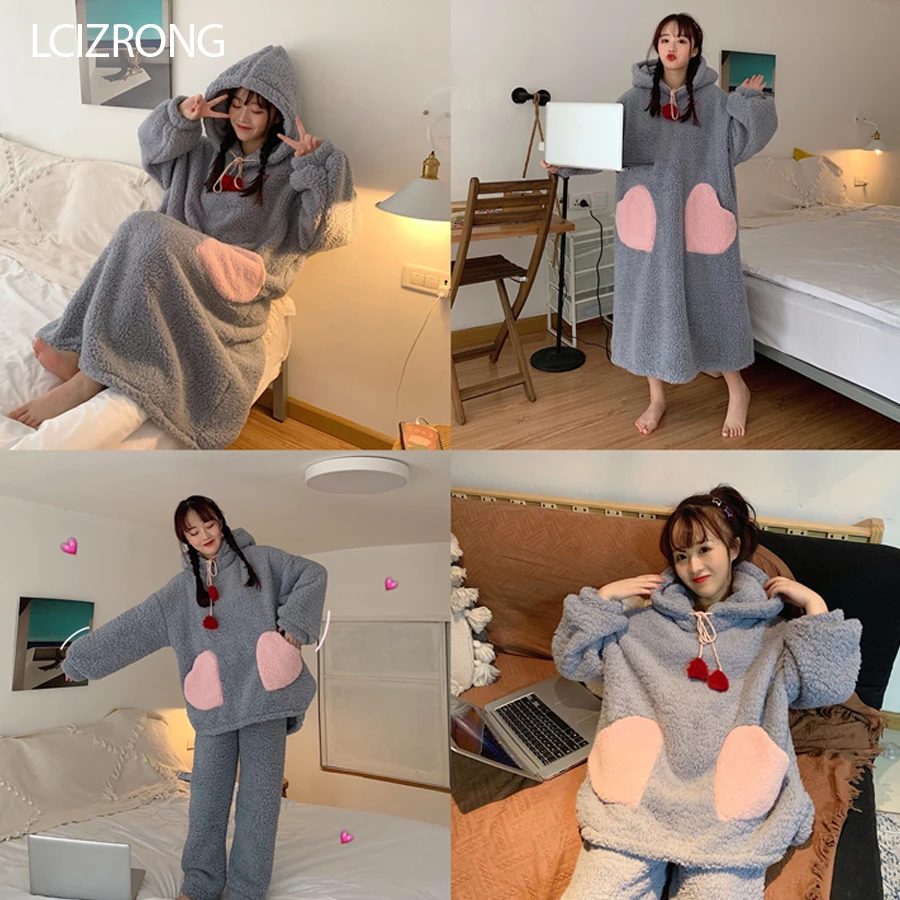 Winter Warm Loose Hooded Night Dress Women Long Sleeve Sweet Love Pocket Midi Dress Sleepwear Gray Homewear Nightgown
Winter Warm Loose Hooded Night Dress Women Long Sleeve Sweet Love Pocket Midi Dress Sleepwear Gray Homewear Nightgown