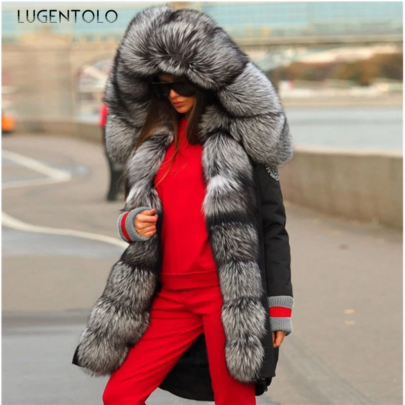 Теплая Женская парка с большим меховым воротником на осень и зиму, пальто с капюшоном, Женская Повседневная однотонная модная черная парка 
Теплая Женская парка с большим меховым воротником на осень и зиму, пальто с капюшоном, Женская Повседневная однотонная модная черная парка