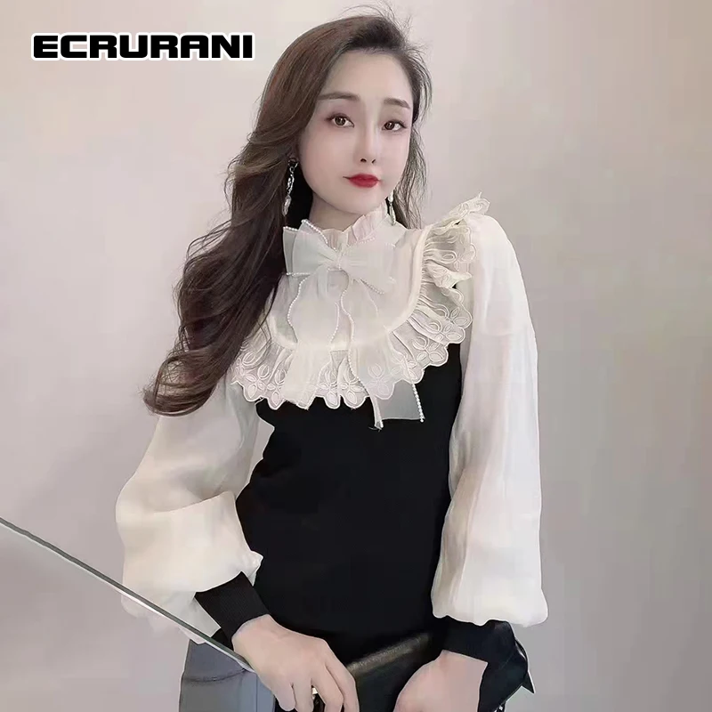 ECRURANI Patchwork Casual Women's Blouses Bowknot Collar Puff Long Sleeve Slimming Colorblock Shirts For Females 2021 Autumn New
ECRURANI Patchwork Casual Women's Blouses Bowknot Collar Puff Long Sleeve Slimming Colorblock Shirts For Females 2021 Autumn New