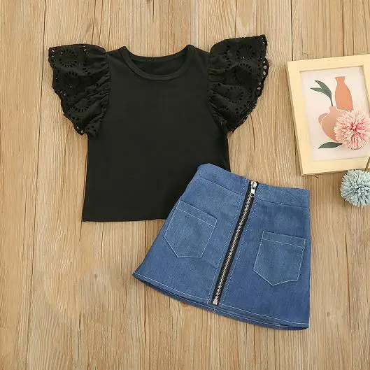 6m-4Years Newborn Baby Girls Clothing Set Fly Sleeve Top and Denim Mini Skirt Outfit Summer Set For Infant 
6m-4Years Newborn Baby Girls Clothing Set Fly Sleeve Top and Denim Mini Skirt Outfit Summer Set For Infant
