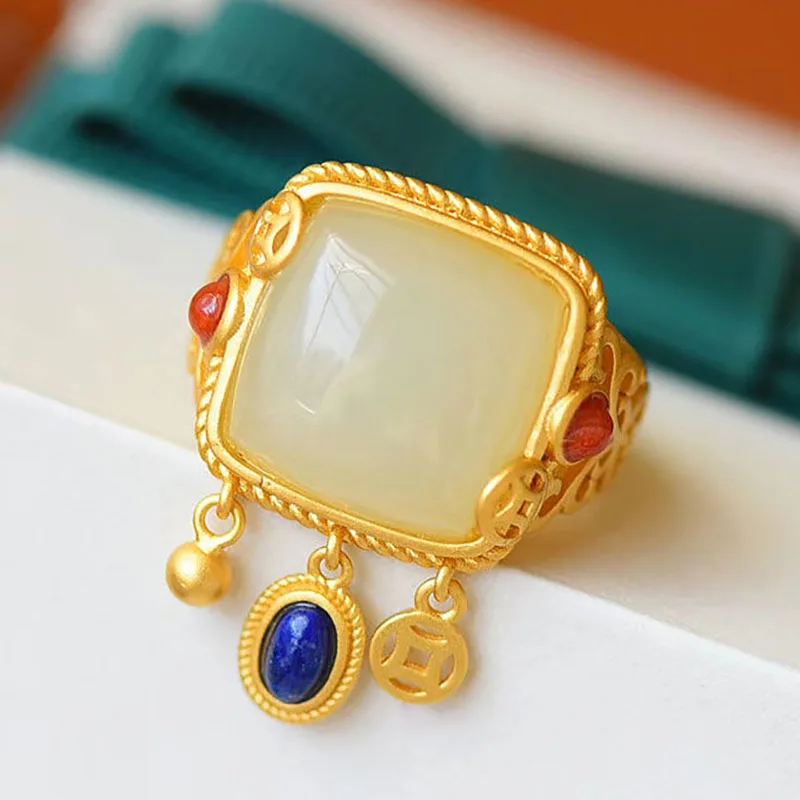 sNew silver inlaid natural Hetian jade square tassel retro niche palace ethnic style advanced opening adjustable women's ring 
sNew silver inlaid natural Hetian jade square tassel retro niche palace ethnic style advanced opening adjustable women's ring