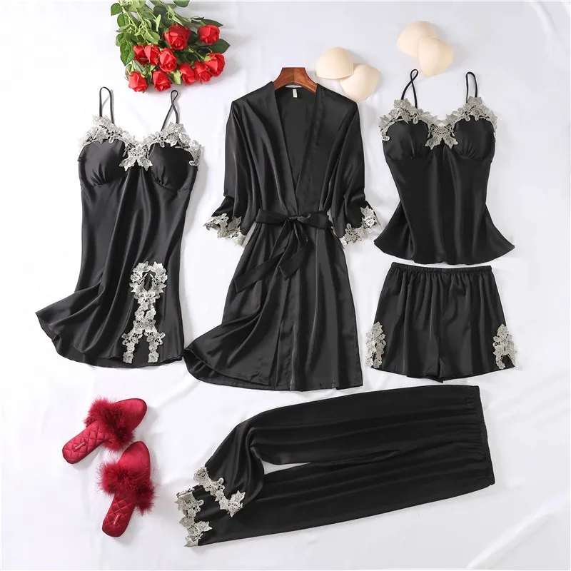 Black Lace Trim 5PCS Sleepwear Women V-neck Pajamas Set Spring Summer Kimono Gown Femme Pijamas Suit Casual Pyjamas Pour
Black Lace Trim 5PCS Sleepwear Women V-neck Pajamas Set Spring Summer Kimono Gown Femme Pijamas Suit Casual Pyjamas Pour