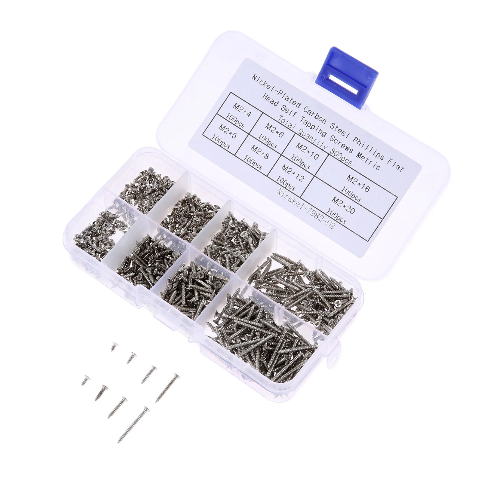 

800PCS Screws M2 Nickel-Plated Carbon Steel Phillips Head Pan Flat Self-Tapping Screws M2 X4/5/6/8/10/12/16/20mm Fasteners