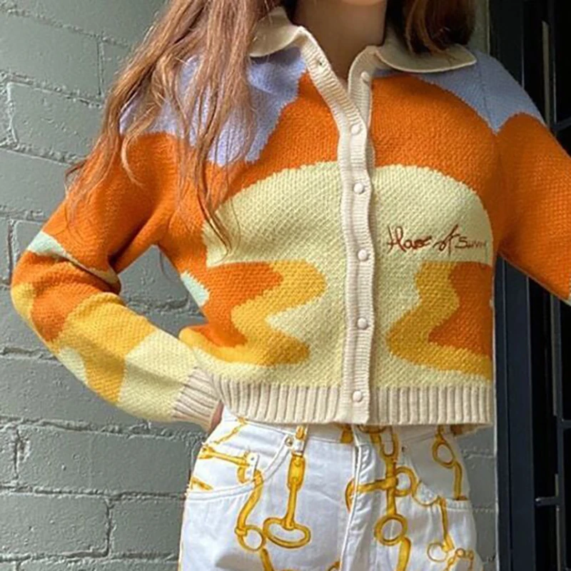 Women Autumn Vintage French Style Sunshine Print Short Knitted Sweater Chic Lady Fashion Single Breasted Loose Cardigans Femme
Women Autumn Vintage French Style Sunshine Print Short Knitted Sweater Chic Lady Fashion Single Breasted Loose Cardigans Femme