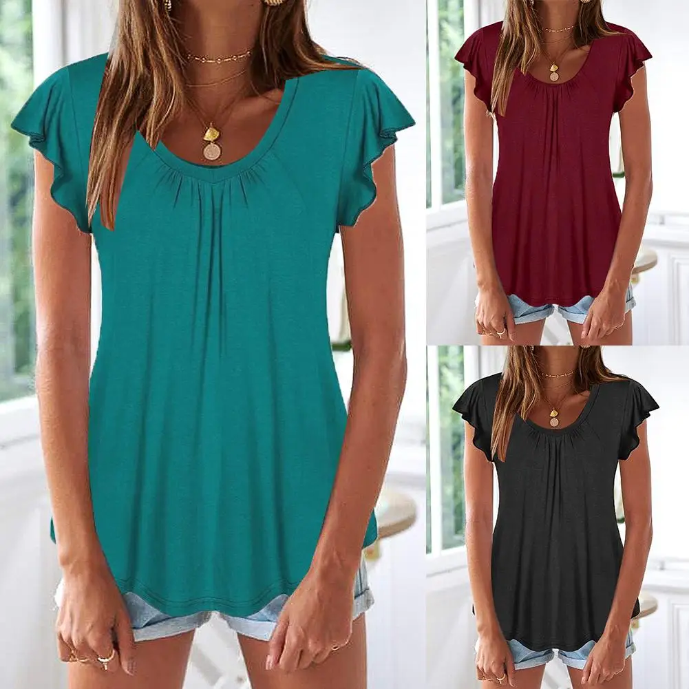 

Women Solid Color Scoop Neck Short Ruffled Sleeve Bottoming Top T-shirt Blouse Solid Color Ruffled Short-Sleeved Casual
