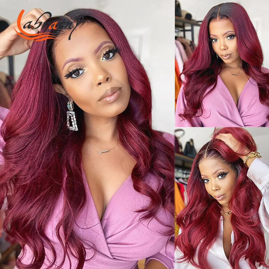 

Highlight Burgundy 13x6 HD Transparent Lace Frontal Human Hair Wigs 30 Inch Woman 1B 99J Pre Plucked Full Ombre Red Colored Wig