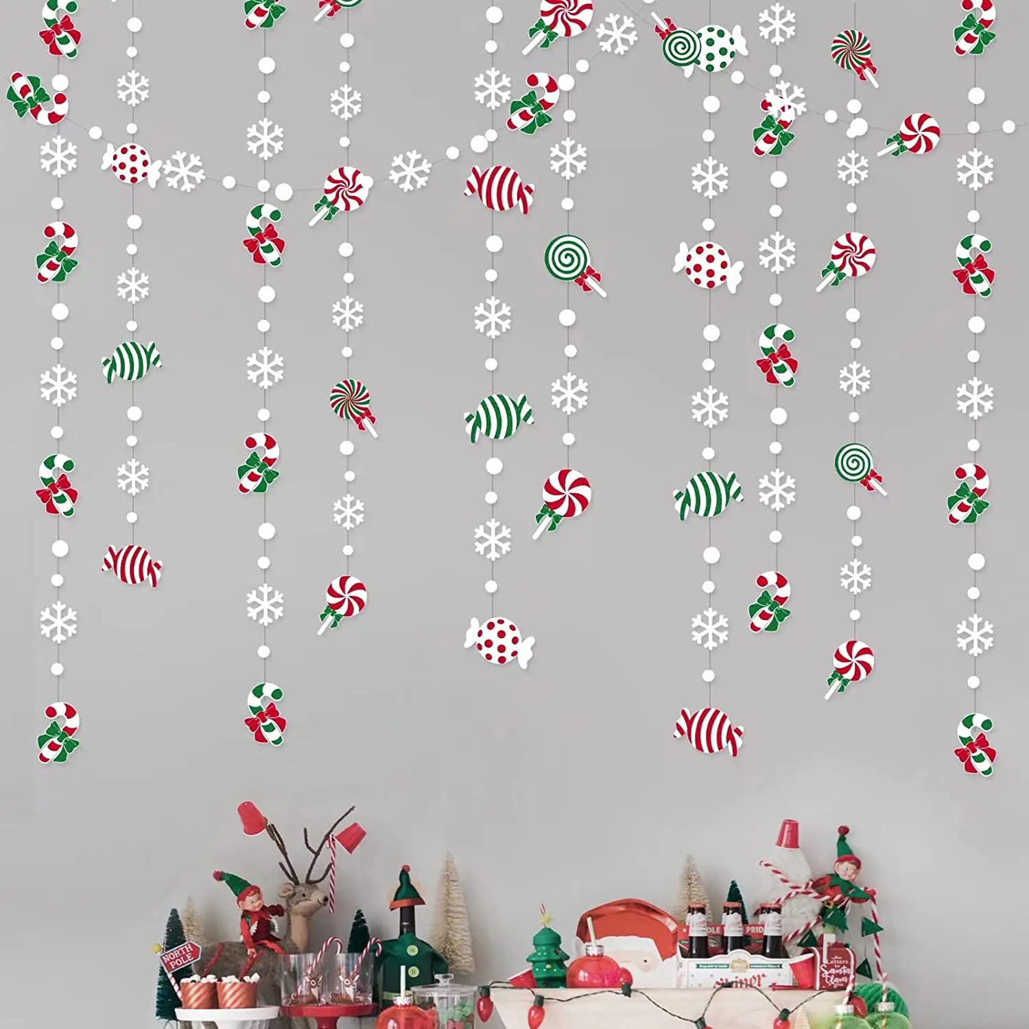 

Candyland Christmas Decoration Garlands Red Green Sweet Candy Cane Lollipop White Snowflake Dot Glitter Hanging Streamer Banner