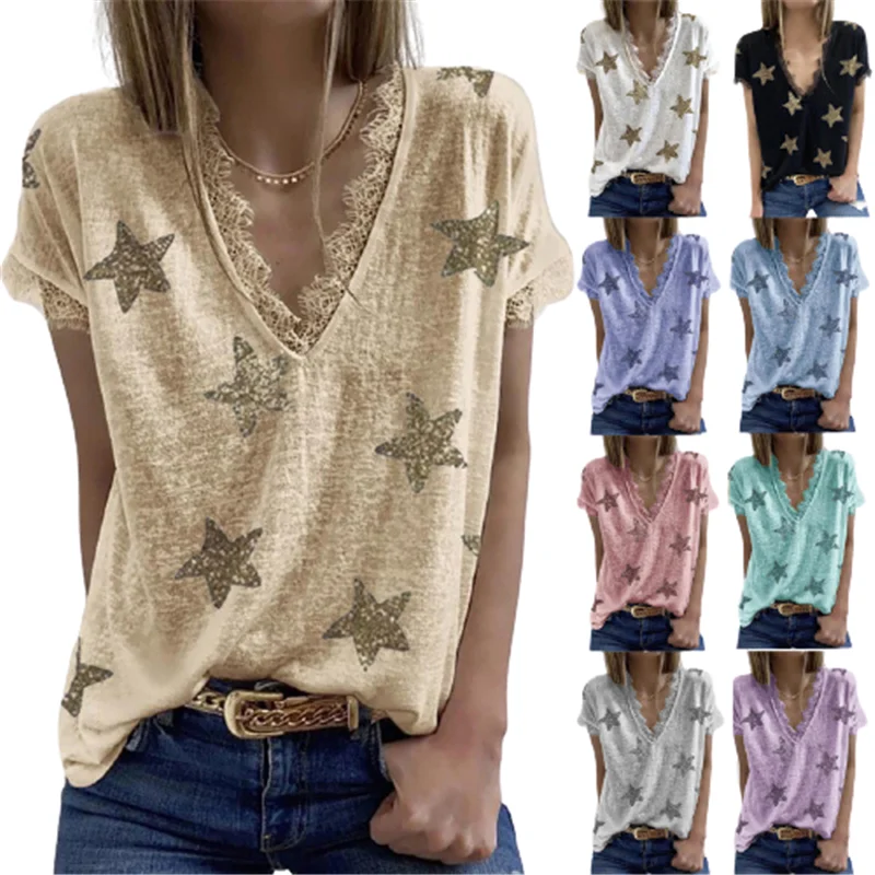 5XL Super Large Summer Women's T-shirt Sweet Lace Splicing Short Sleeve Top Loose Casual V-neck Pointed Star Printed T-shirt
5XL Super Large Summer Women's T-shirt Sweet Lace Splicing Short Sleeve Top Loose Casual V-neck Pointed Star Printed T-shirt