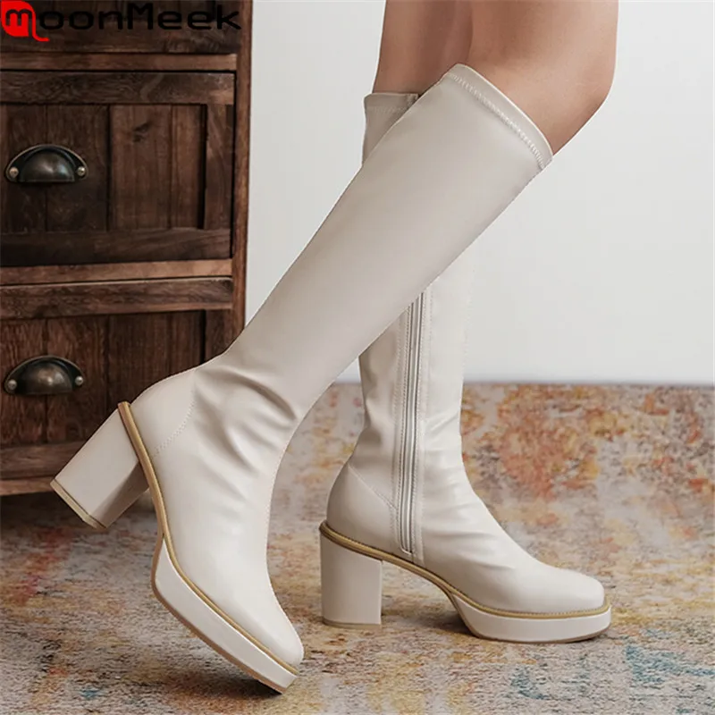 

MoonMeek 2020 Big size 33-43 women brand boots thick heels square toe winter ladies shoes knee high boots black rice white