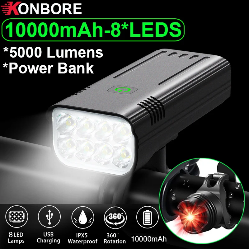 10000mAh Bicycle Light Headlight Waterproof USB Rechargeable Bike Light 8*T6 LED Super Bright Flashlight Cycling Front Lights
10000mAh Bicycle Light Headlight Waterproof USB Rechargeable Bike Light 8*T6 LED Super Bright Flashlight Cycling Front Lights