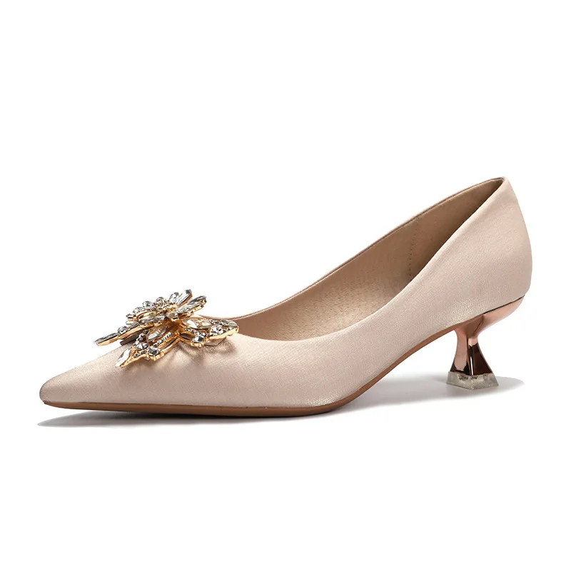 2021 spring new autumn winter general pointed thin heeled hair middle heel butterfly button fashion shoes