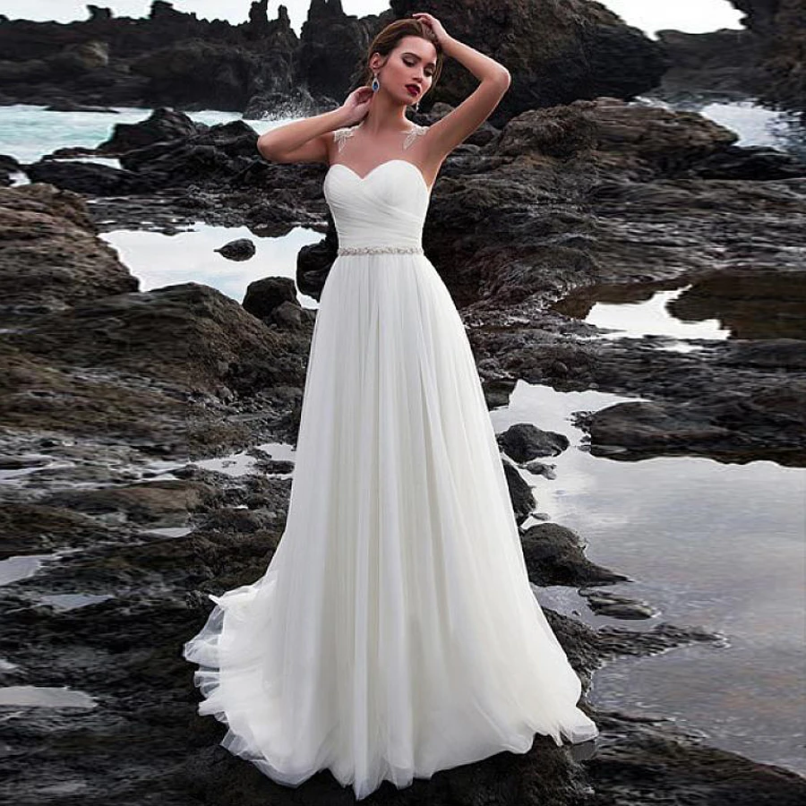 

Graceful Tulle Jewel Neckline A-line Wedding Dress With Beadings Beach Bridal Dress Illusion Back vestidos de novias