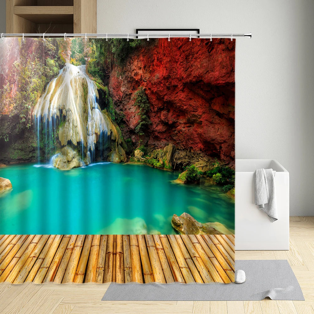 

Waterfall Water Bridge Forest Natural Scenery Shower Curtain Waterproof Washable Cloth Bathroom Decor Bath Screen With Hooks