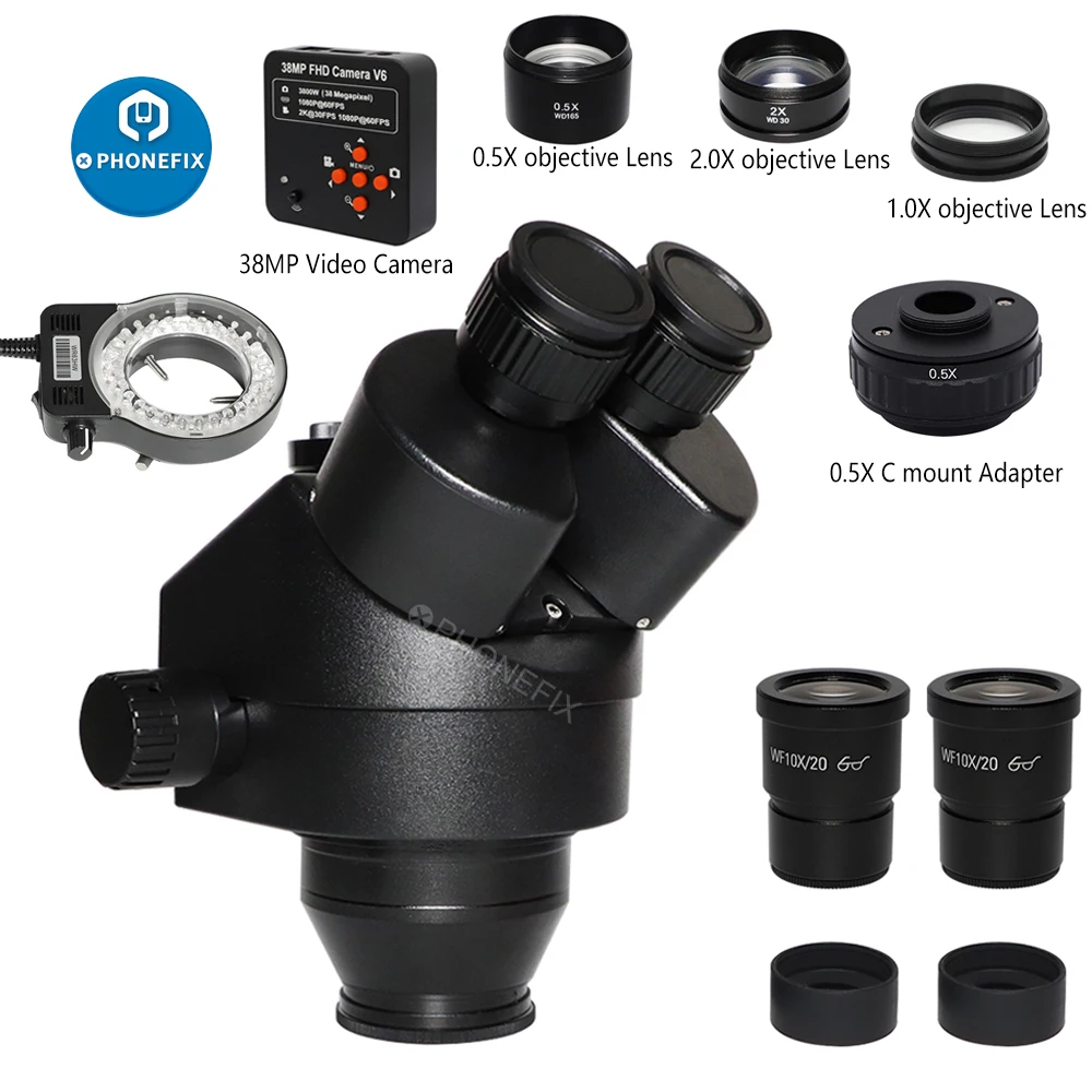 

2021 3.5X-90X Simul-Focal Trinocular Microscope Zoom Stereo Microscopio Head +0.5x 2.0x Auxiliary Lens+38MP VGA camera LED Light
