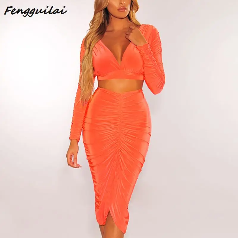 Women's Sexy Navel 2 Piece Orange Yellow Set Long Sleeve V-neck Slim Fit Crop Top T-shirt Bodycon Pleated Mini Skirt Set
Women's Sexy Navel 2 Piece Orange Yellow Set Long Sleeve V-neck Slim Fit Crop Top T-shirt Bodycon Pleated Mini Skirt Set