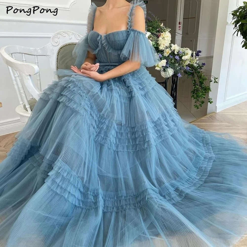 2021 New Design Dusty Blue Tulle Long Evening Dresses Off Shoulder Sleeves Tiered Ruffles Floor Length Prom Gowns
2021 New Design Dusty Blue Tulle Long Evening Dresses Off Shoulder Sleeves Tiered Ruffles Floor Length Prom Gowns