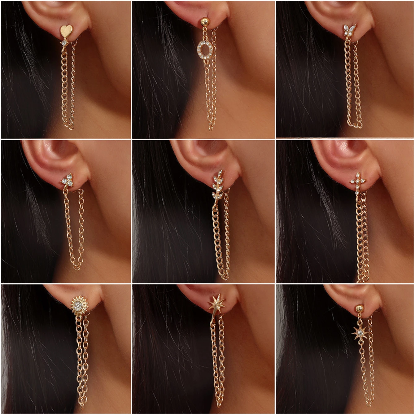 1PCS Simple Gold Fashion Long Chains Heart Lightning Round Shape Crystals Cartilage Stud Earrings for Women Girls Party Earring
1PCS Simple Gold Fashion Long Chains Heart Lightning Round Shape Crystals Cartilage Stud Earrings for Women Girls Party Earring