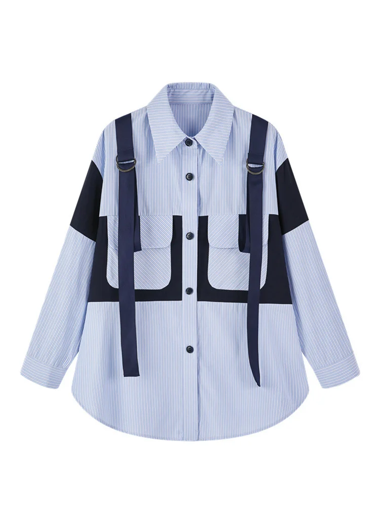 2021 spring sky blue fine stripe stitching contrast shirt tooling style three dimensional design shirt 
2021 spring sky blue fine stripe stitching contrast shirt tooling style three dimensional design shirt