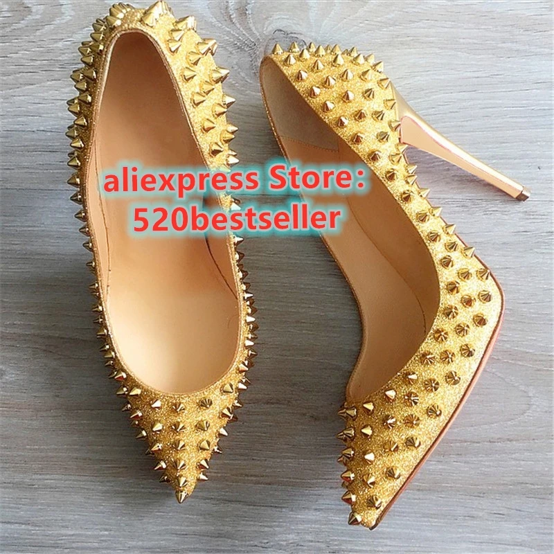 

Women lady Fashion bridal wedding Shoes Studded Rivet Spikes gold bling Glitter Poined Toes high heels shoes 12cm 10cm pumps