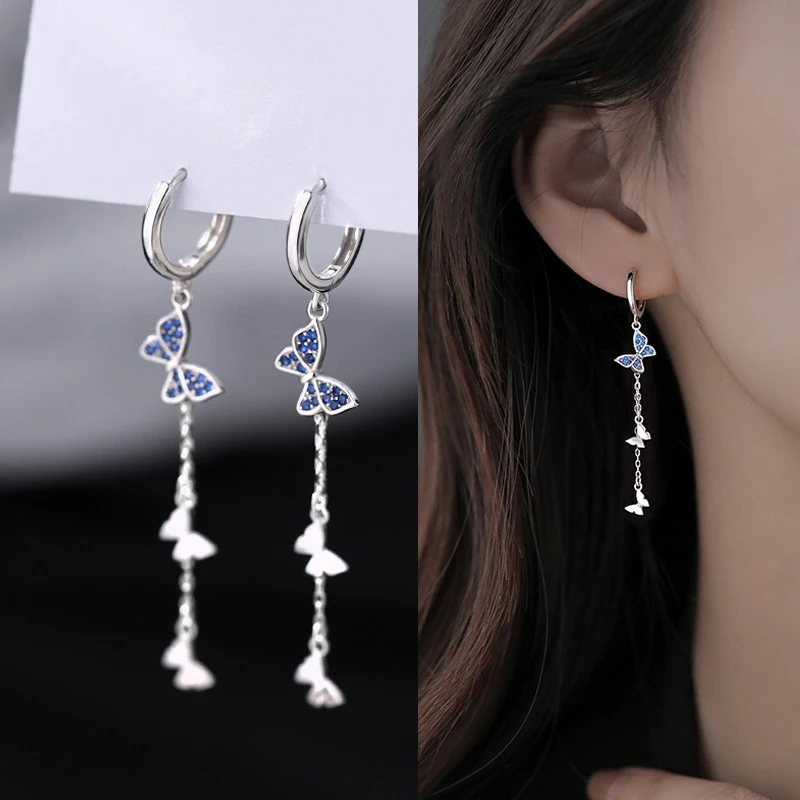 

Trendy Long Tassel Drop Earrings For Women Tiny Huggie Cute Butterfly Blue Crystal Elegant Dangle Earring Jewelry Accessory Gift