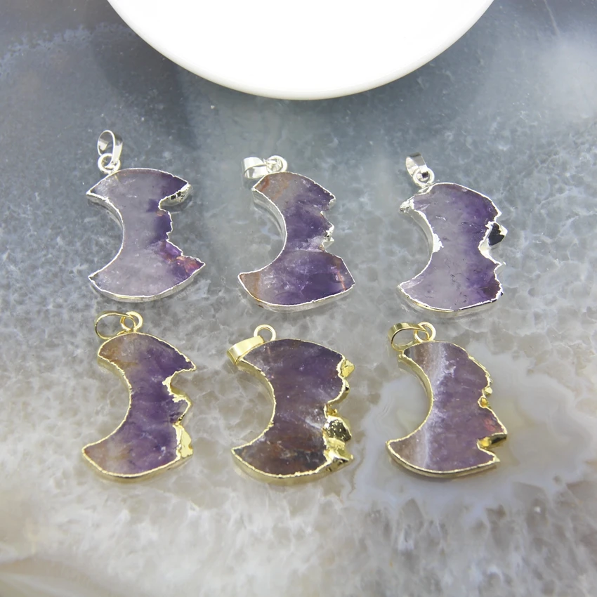 

Moon Shape Amethyst Druzy Slice Pendants,Natural Purple Quartz Healing Crystal Slab Geode Drusy Necklace Jewelry Gift for Women