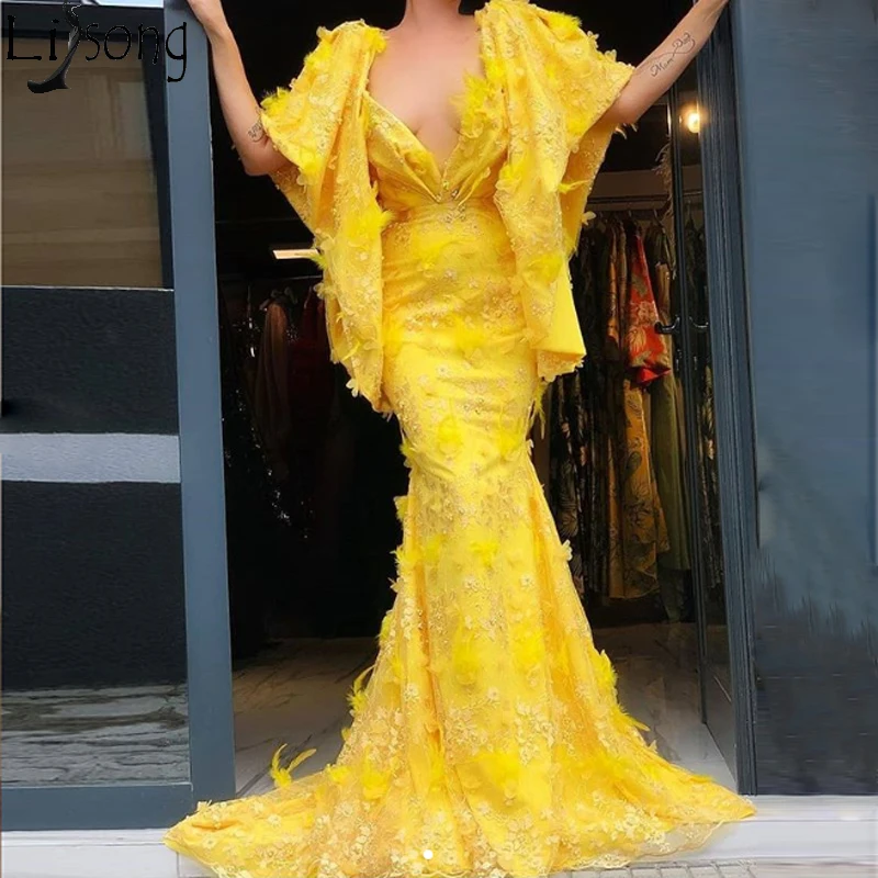 Stunning Yellow Mermaid Evening Dresses 2020 New Plunging V Neck 3D Flowers Prom Dress Feathers Long Formal Gowns Vestidos 
Stunning Yellow Mermaid Evening Dresses 2020 New Plunging V Neck 3D Flowers Prom Dress Feathers Long Formal Gowns Vestidos