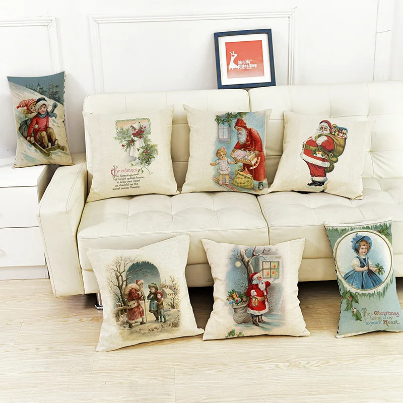 

White Decor Pillows Christmas Fashion Printing Cotton Linen Cushion Cover Cute Christmas Tree Poszewka Na Poduszke Poszewki