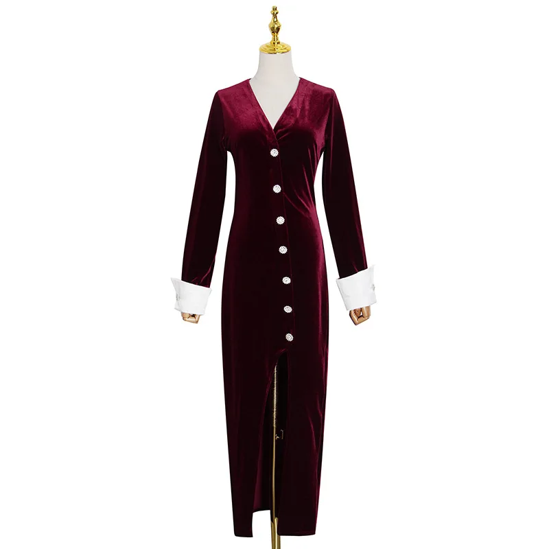 Tide new fashion temperament sexy v-neck split waist black gold velvet long dress 
Tide new fashion temperament sexy v-neck split waist black gold velvet long dress