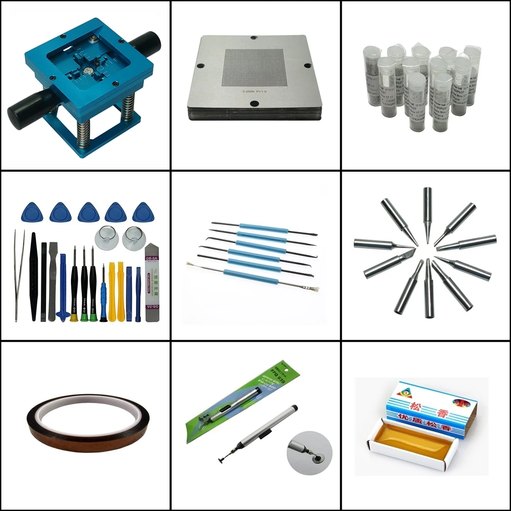 Blue BGA reballing Station 90x90 Reballing kits with Stencil solder ball flux soldering iron Brush Vacuum Pen
Blue BGA reballing Station 90x90 Reballing kits with Stencil solder ball flux soldering iron Brush Vacuum Pen