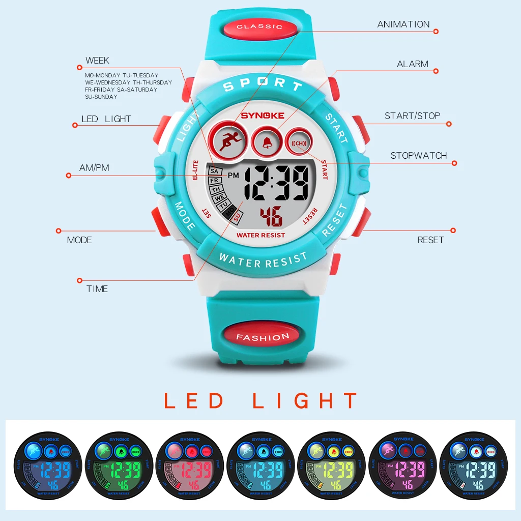 Часы наручные SYNOKE детские электронные брендовые цветные водонепроницаемые