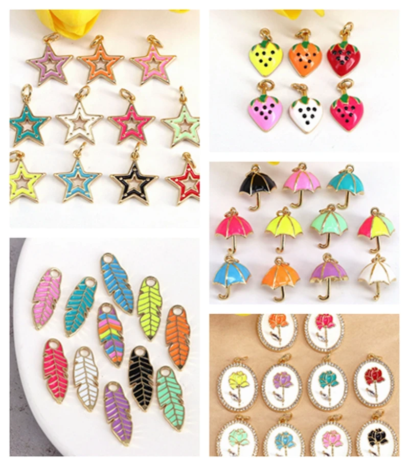 10Pcs, Gold Plated Colorful Enamel Sweet Strawberry Star Flower Leaf Umbrella Pendant Charm Necklace for Jewelry making Supplies
10Pcs, Gold Plated Colorful Enamel Sweet Strawberry Star Flower Leaf Umbrella Pendant Charm Necklace for Jewelry making Supplies