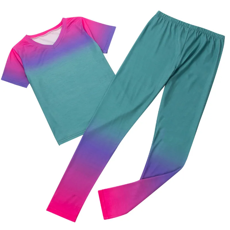 Summer 2 Pcs Women Gradient Tie-Dye Printing Suit Short-Sleeved V-neck T-Shirt Top + Elastic Waist Slim Trousers
Summer 2 Pcs Women Gradient Tie-Dye Printing Suit Short-Sleeved V-neck T-Shirt Top + Elastic Waist Slim Trousers