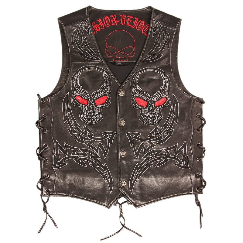 Vintage Skulls Embroidery Motorcycle Leather Vest 100% Genuine Cowhide Short Men Biker Leather Vest Moto Leather Waistcoat M450
Vintage Skulls Embroidery Motorcycle Leather Vest 100% Genuine Cowhide Short Men Biker Leather Vest Moto Leather Waistcoat M450