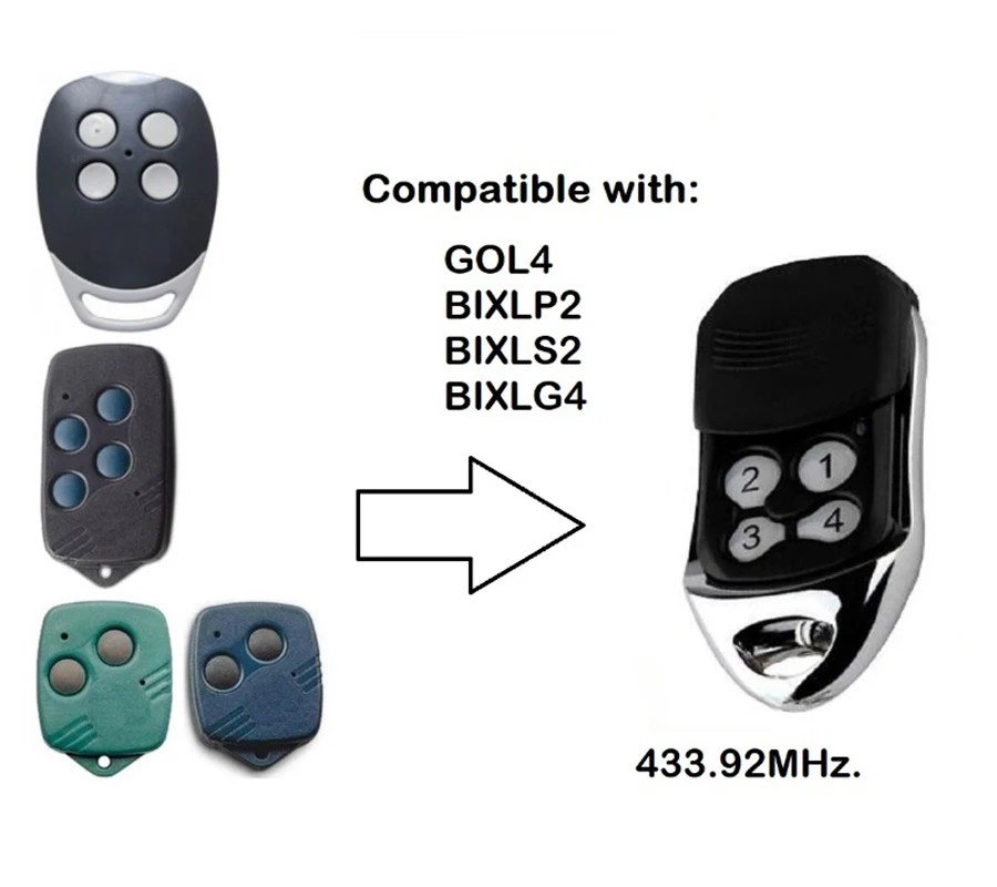 Garage remote control BIXLS2 BIXLP2 GOL4 BIXLG4 rolling code garage remote 433MHz fixed code opener
Garage remote control BIXLS2 BIXLP2 GOL4 BIXLG4 rolling code garage remote 433MHz fixed code opener